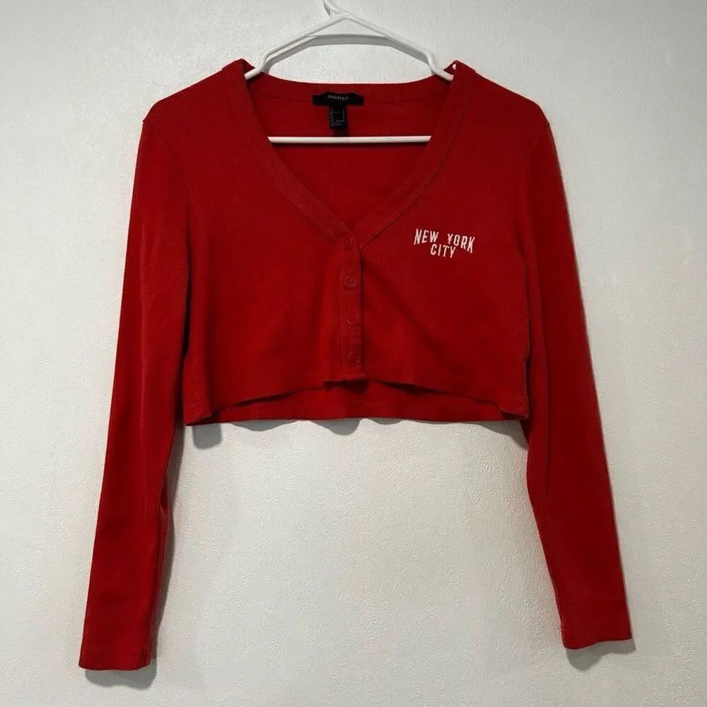 Forever 21 Red Cropped Button Cardigan | “New York City” Embroidery | Size S